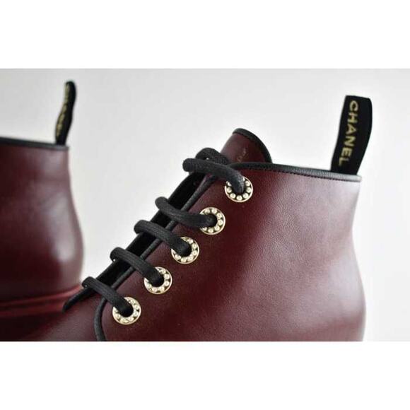 Chanel 20B Red Black Leather Pearl CC Combat Lace Up Tie Ankle Short Boots 36.5 - Picture 6 of 9
